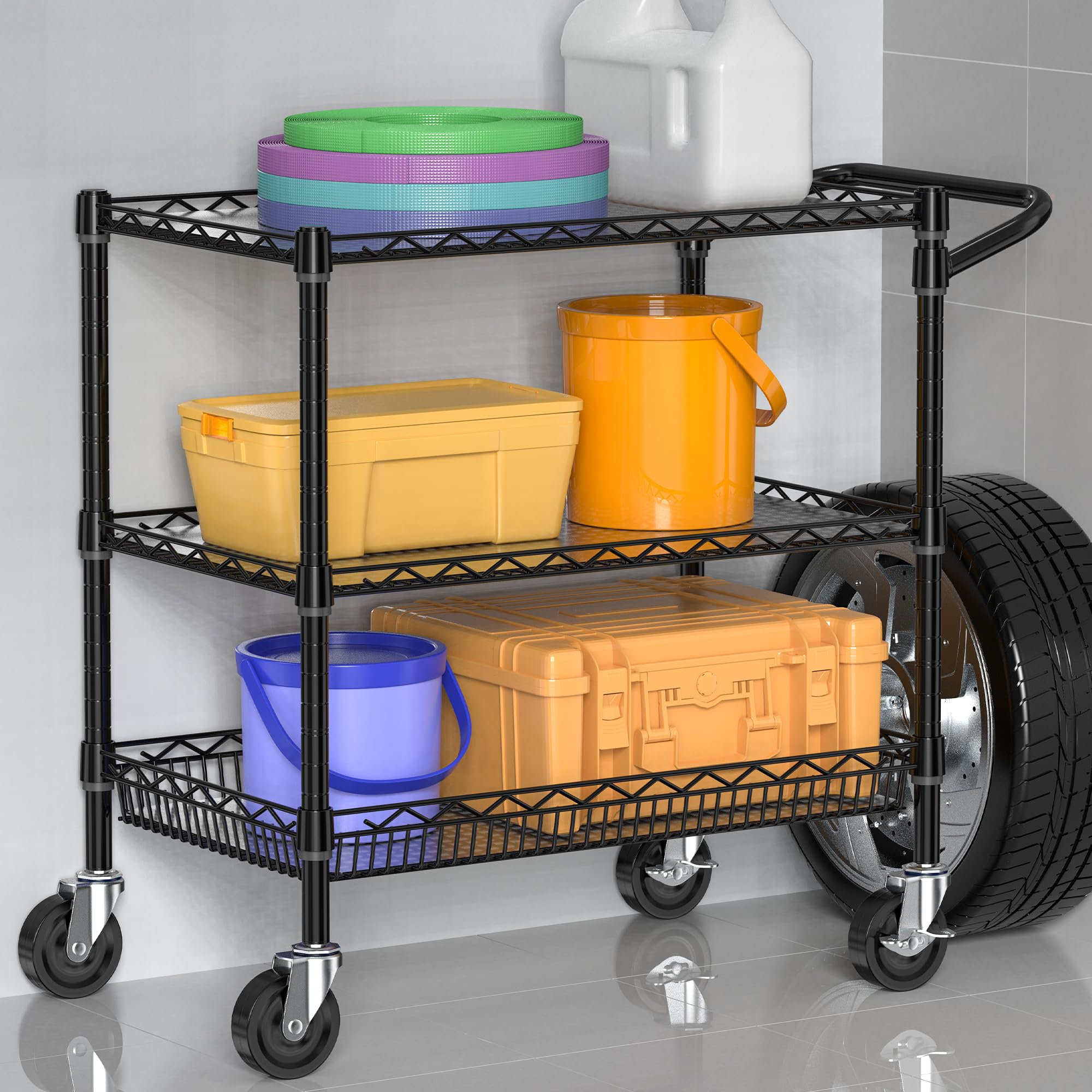 3 Tier Metal Utility Rolling Cart with Table deals Top and Side Bags, Metal Tray.